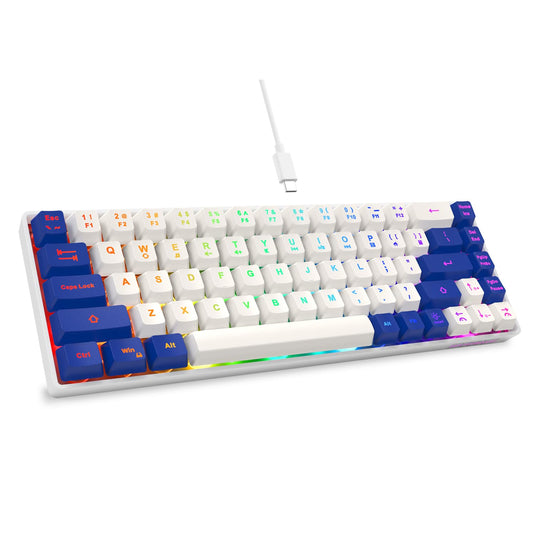 GEODMAER 65% Gaming Keyboard  LED Backlit Mini Wired Keyboard  Ultra-Compact Anti-Ghosting No-Conflict 68 Keys Membrane Gaming Wired Keyboard for PC Laptop Windows Gamer(White-Blue)