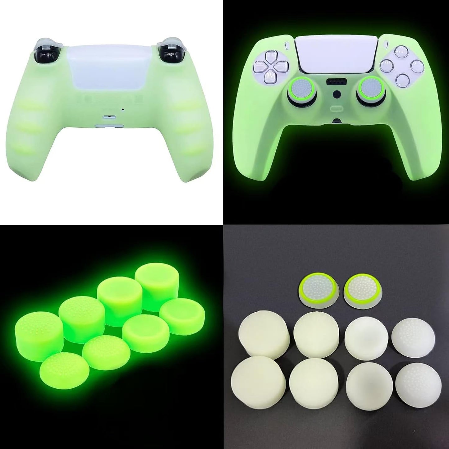 HLRAO PS5 Controller Skin - Silicone Grip Case with 8 Thumb Grips & L2/R2 Caps - Glow Green - Protective Accessory for Dualshock 5