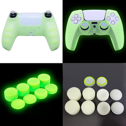 HLRAO PS5 Controller Skin - Silicone Grip Case with 8 Thumb Grips & L2/R2 Caps - Glow Green - Protective Accessory for Dualshock 5
