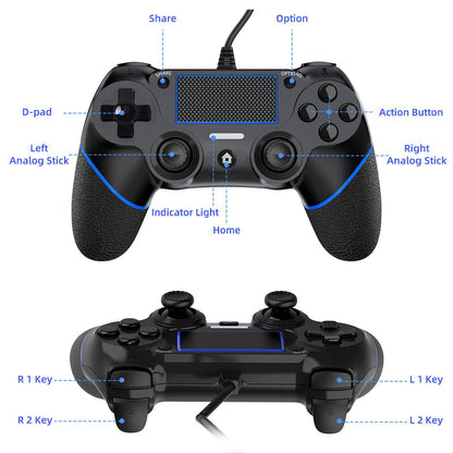 DIANVEN Wired PS4 Controller - Dual Vibration, Motion Motors, PC Compatible, Black, Medium Size
