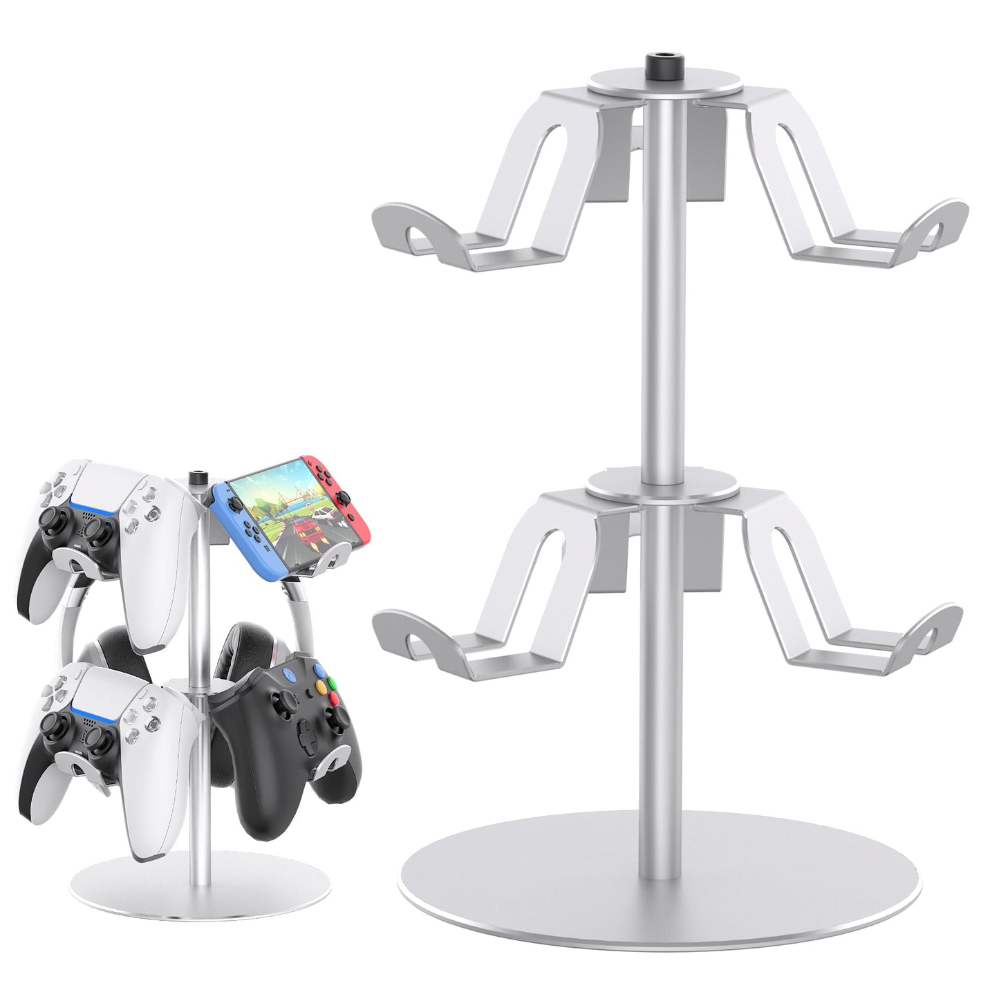 DGPCT Controller Stand Compatible with Xbox PS5 PS4 Nintendo Switch Pro  2 Tiers Aluminum Headset Holder  Gaming Headphone and Controller Holder Organizer Rack  Universal & Stable (Silver)