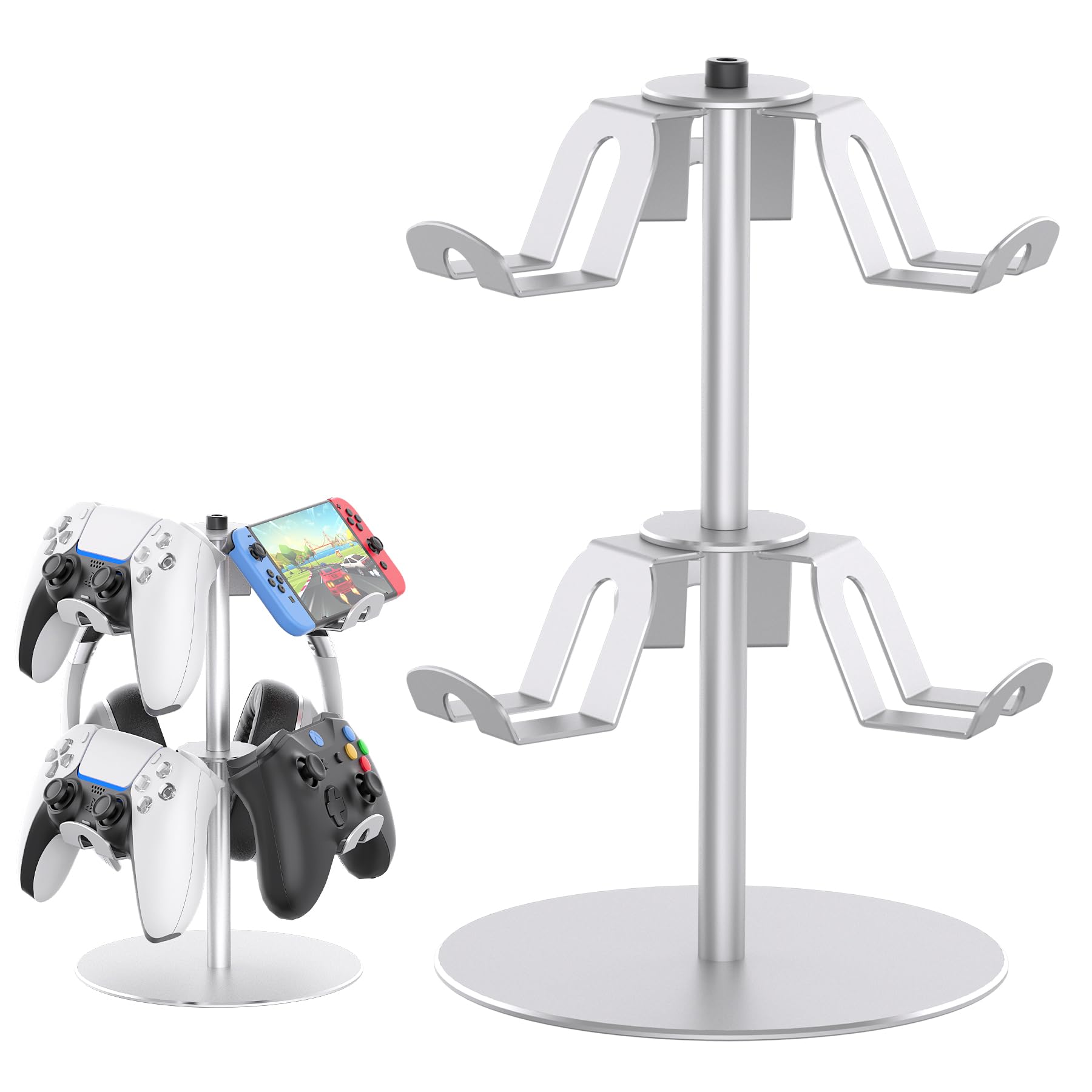 DGPCT Controller Stand Compatible with Xbox PS5 PS4 Nintendo Switch Pro  2 Tiers Aluminum Headset Holder  Gaming Headphone and Controller Holder Organizer Rack  Universal & Stable (Silver)