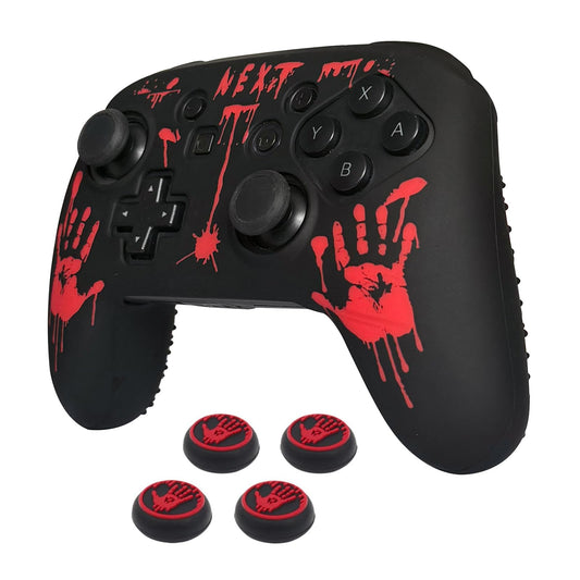 RALAN Laser Blood Handprint Design Silicone Controller Skin for Switch Pro, Anti-Slip, Red with 4 Thumb Grips