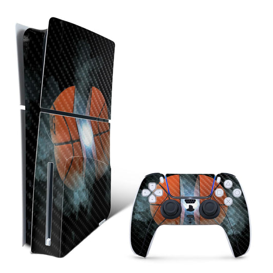 MightySkins Carbon Fiber Skin for PS5 PlayStation 5 Slim Disc Edition Bundle - Basketball Orb Protective Durable Textured Carbon Fiber Finish Easy to Apply Made in The USA