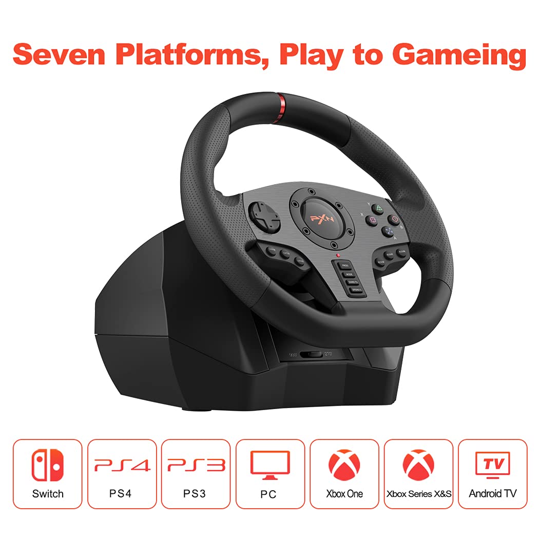 PXN V900 Gaming Steering Wheel - 270/900° Racing Wheel with Dual Vibration, Black, Compatible with PS4, PC, Xbox One, Switch
