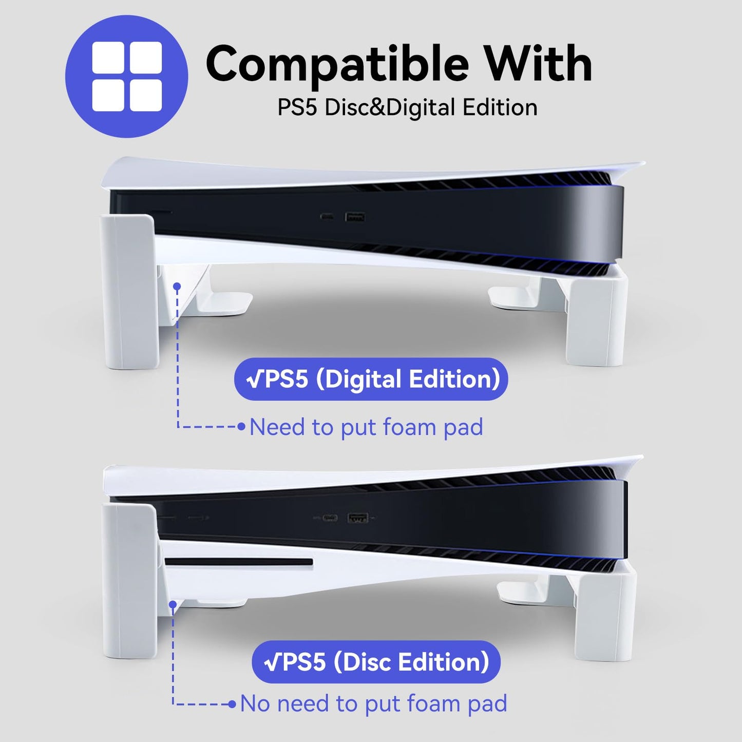 YIBEICO PS5 Horizontal Stand for Disc & Digital Edition Console, White, Model Y587659, Perfect for PS5 Accessories