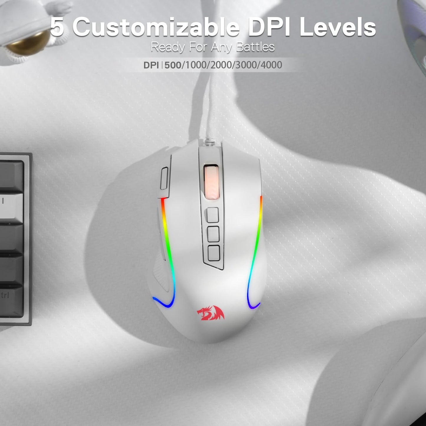 Redragon M612 Predator RGB Gaming Mouse, 8000 DPI, 11 Programmable Buttons, Wired, White