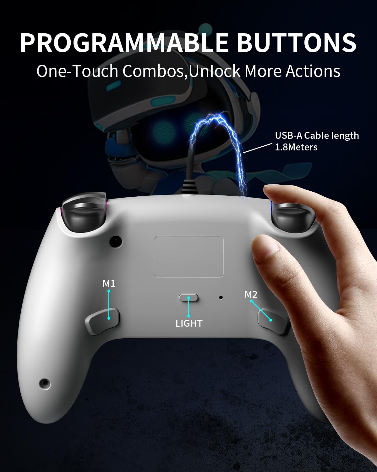 ThinTree Wired Controller for PS5/Pro/Slim/PC - Hall Effect Sticks, 7 RGB Modes, Haptic Feedback, White