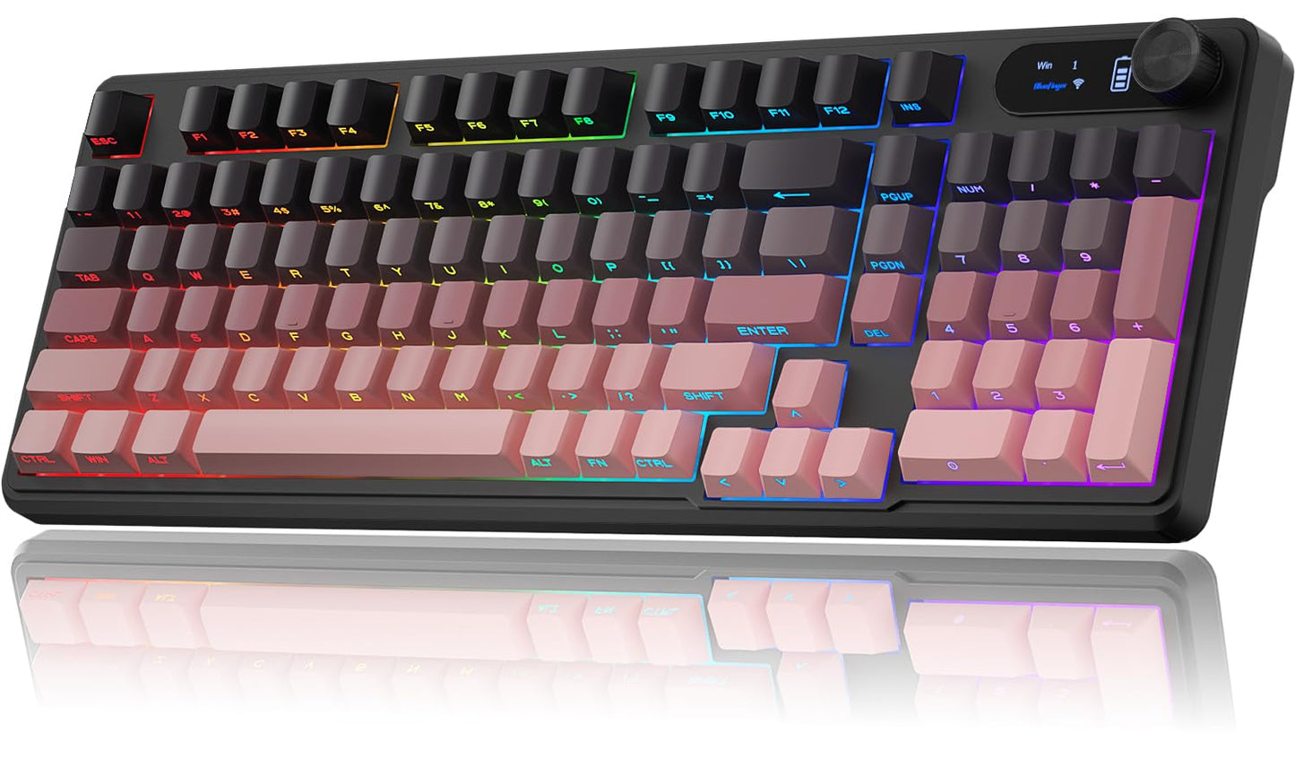 BlueFinger Wireless Gaming Keyboard  RGB Backlit  Tri-Mode Bluetooth/2.4G/USB-C  98 Keys Quiet Keyboard with Number Pad  Volume Knob & Screen  Side Printed PBT Keycaps for PC/Mac/Laptop