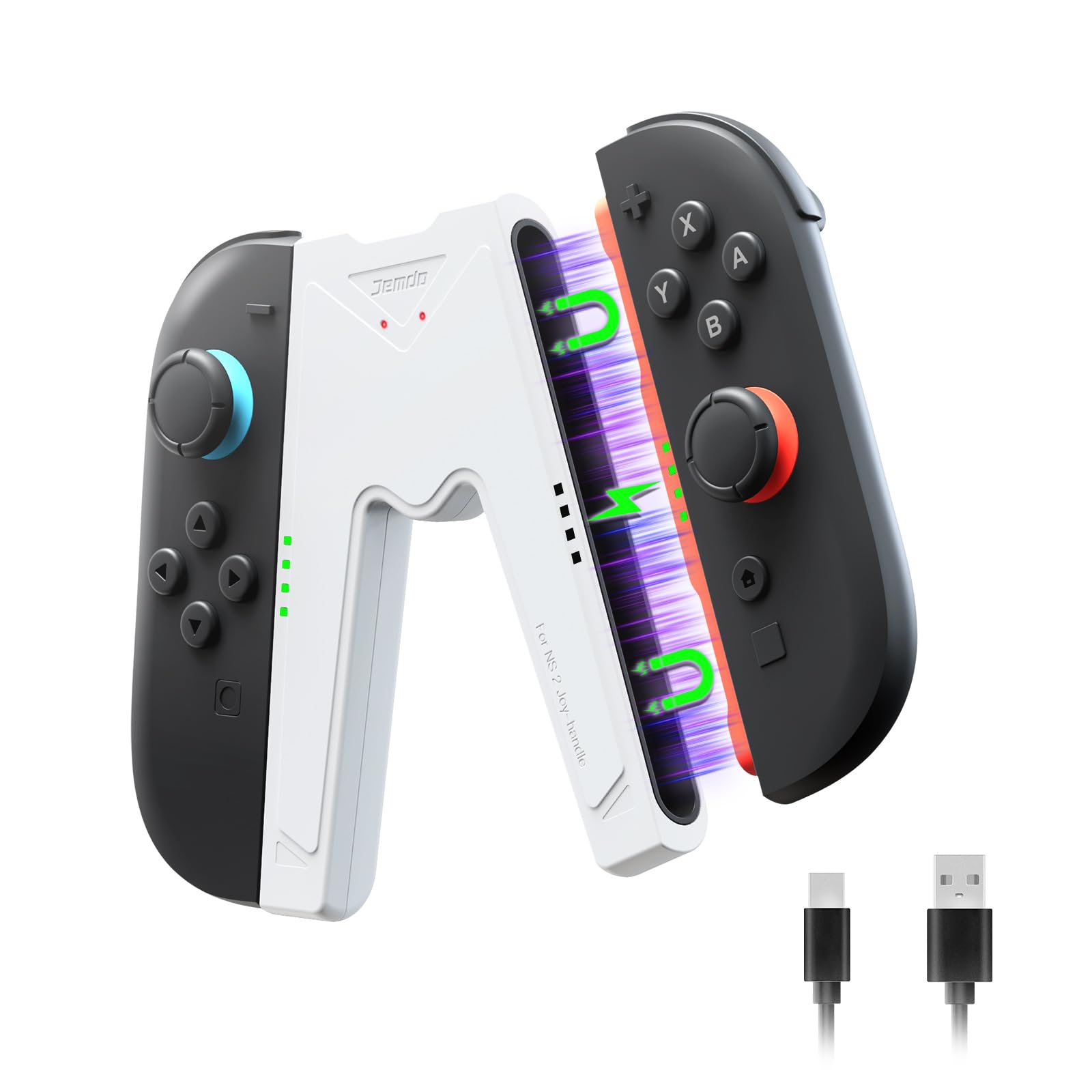 JEMDO Magnetic JoyCon Charger Grip Compatible with Nintendo Switch 2 Only - Ergonomic LED Charging Grip for JoyCon 2 with USB-C Cable  Travel-Ready  White