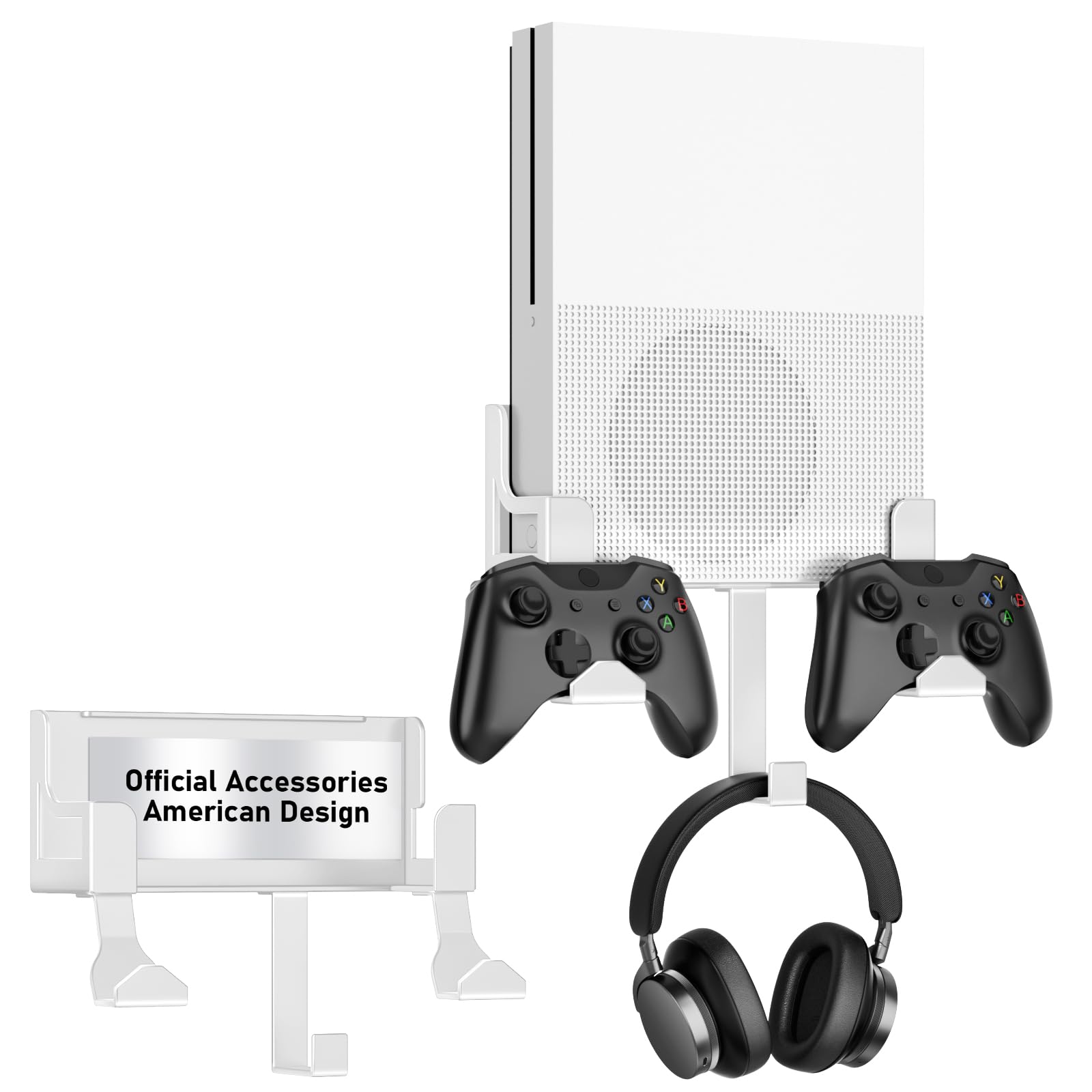 Wall Mount for Xbox One S  Metal Wall Mount Holder for Xbox One S with Detachable 2 Controller Holder & Headphone Hanger