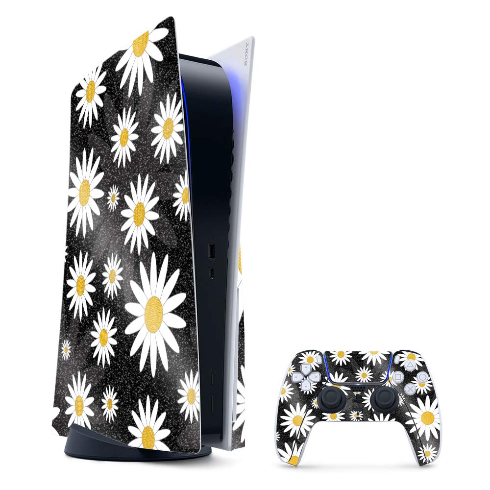 MightySkins Glossy Glitter Gaming Skin for PS5 / PlayStation 5 Bundle - Daisies | Durable High-Gloss Glitter Finish | Easy to Apply and Change Style | Made in The USA