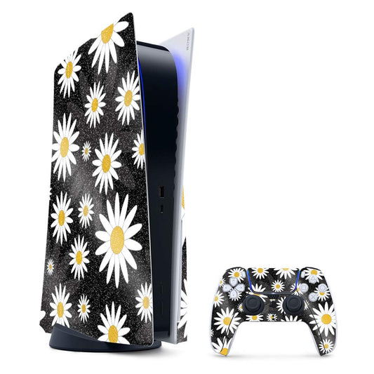 MightySkins Glossy Glitter Gaming Skin for PS5 / PlayStation 5 Bundle - Daisies | Durable High-Gloss Glitter Finish | Easy to Apply and Change Style | Made in The USA