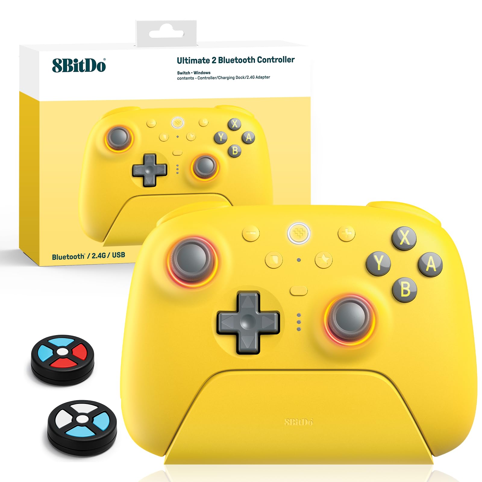 8Bitdo Ultimate 2 Bluetooth Controller (TMR Joystick Update)  RGB Fire Ring  Switchable Hall Effect/Tactile Triggers  Vibration and Motion Control for Switch/Switch 2  Windows PC (Lemon Yellow)