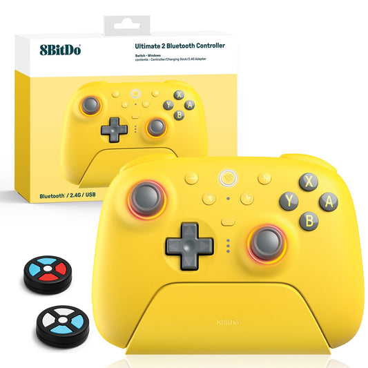8Bitdo Ultimate 2 Bluetooth Controller (TMR Joystick Update)  RGB Fire Ring  Switchable Hall Effect/Tactile Triggers  Vibration and Motion Control for Switch/Switch 2  Windows PC (Lemon Yellow)