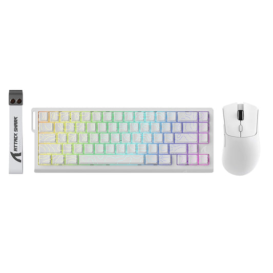 ATTACK SHARK X68 HE Wired Rapid Trigger Mechanical Gaming Keyboard and R1 Mouse with Adjustable Actuation Coiled Cable USB C/2.4Ghz Wireless/BT Ultralight 18K DPI Mice for Esport Gamer(White Contour)