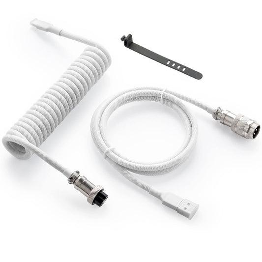 toolMjo Pro Custom Coiled USB C Cable for Gaming Keyboard  Double-Sleeved Mechanical Keyboard Cable with Detachable Metal Aviator  1.5M USB-C to USB-A  White Color