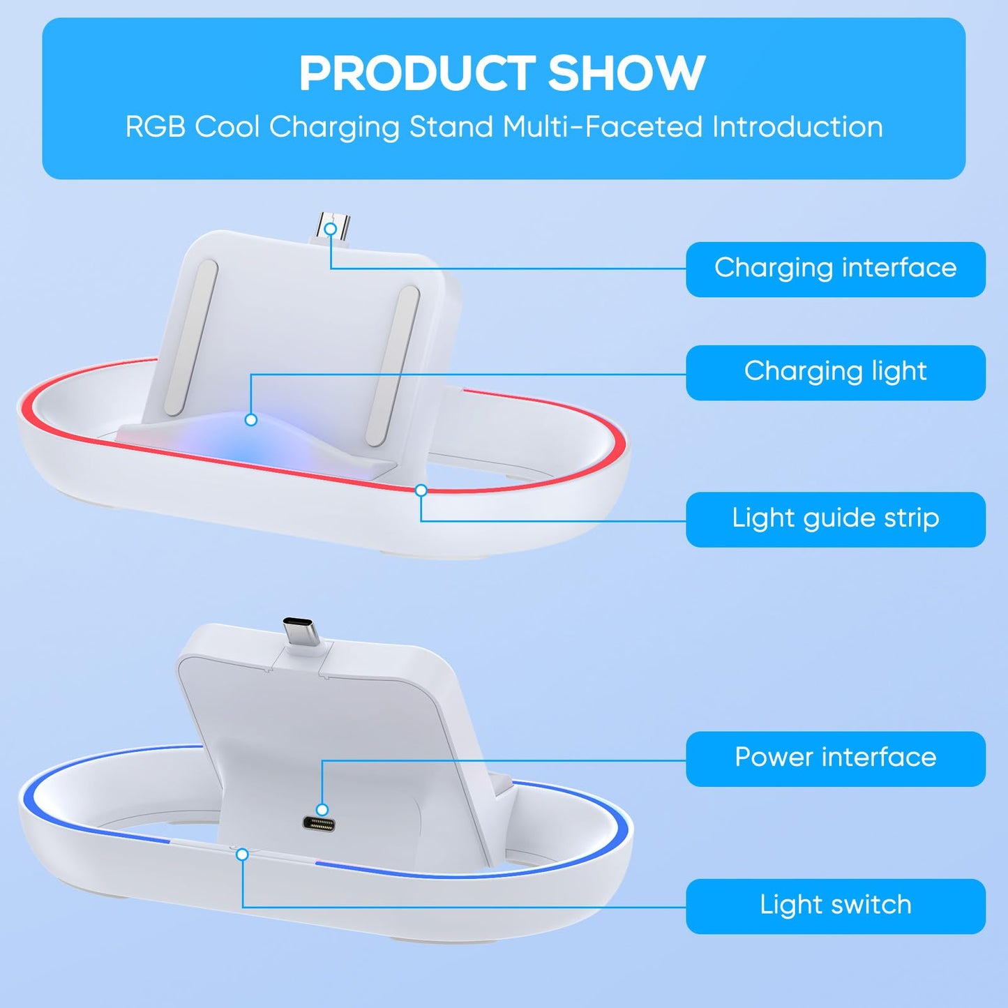 FYOUNG Charging Dock Station for PlayStation Portal, USB-C Charger Stand, White, Model PSP8W, with Colorful Lights