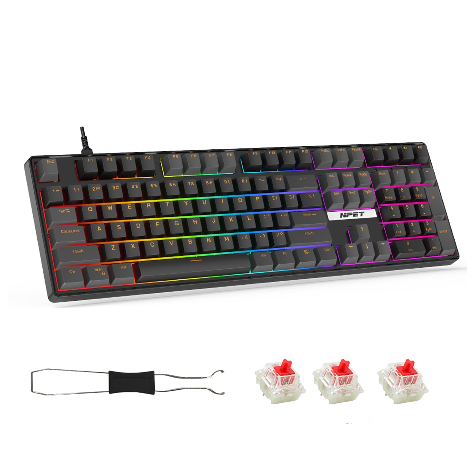 NPET CR108 108 Key RGB Gaming Mechanical Keyboard with Hot Swappable Linear Red Switches  4 Custom Hotkeys  Anti-Ghosting and Per Key Backlit  Full Size Wired Keyboard for PC(Black)