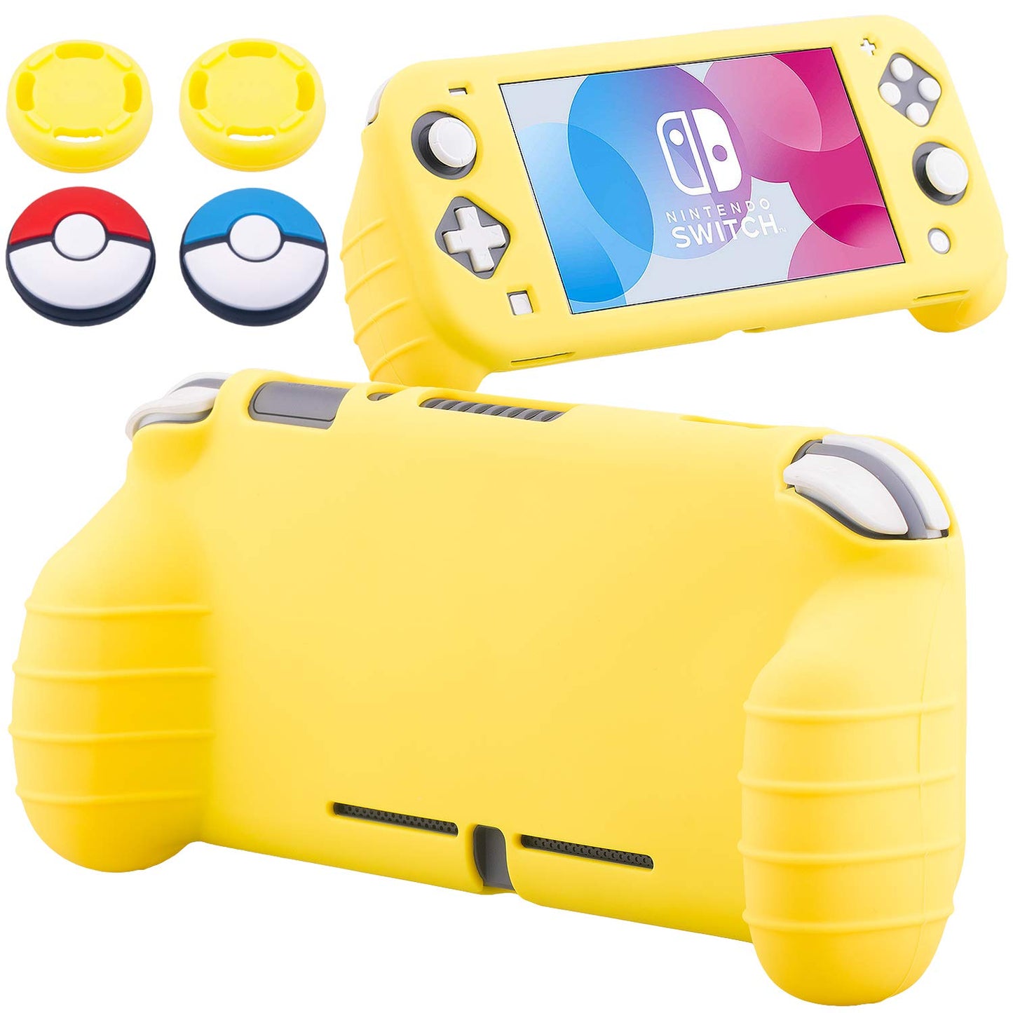 YoRHa Handle Grip Soft Silicone Rubber Protective Cover Case (Mango Yellow) x 1 and Thumbsticks x 4 for Nintendo Switch Lite - 9.2019 Slim Model