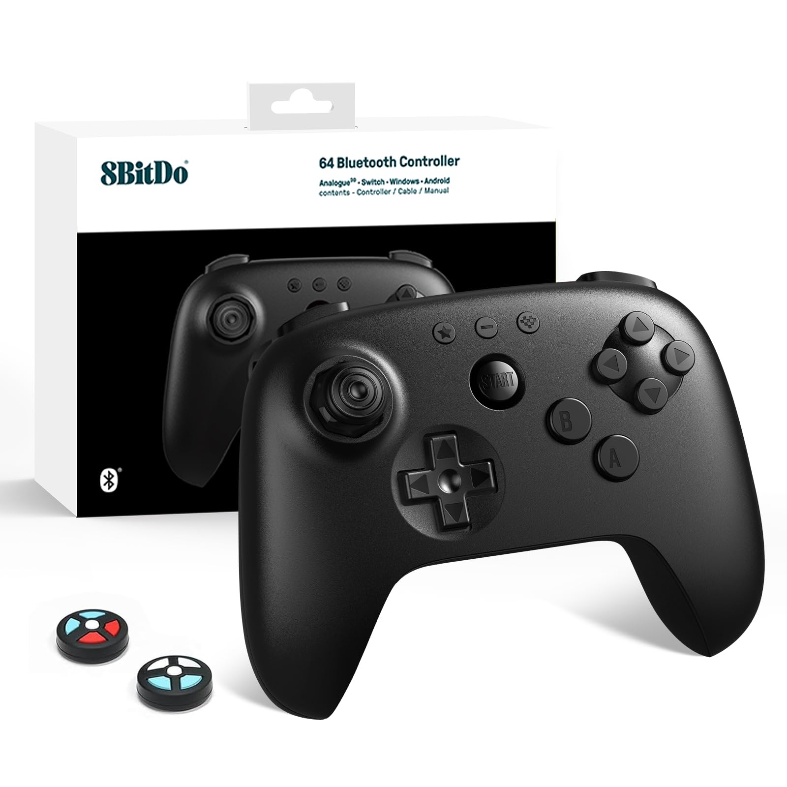 8Bitdo 64 Bluetooth Controller for Analogue 3D  Switch  Switch 2  Windows  Android - Hall Effect Joystick  Vibration  Turbo Function - Black