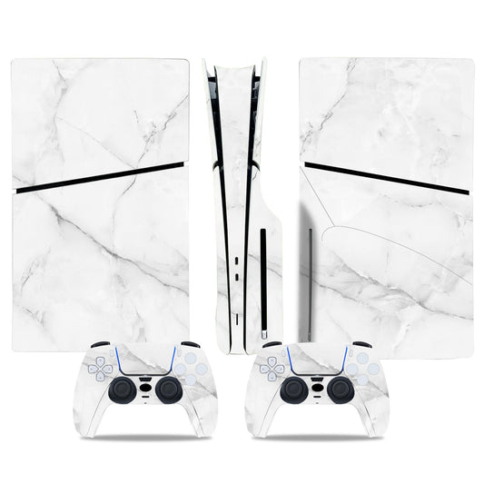 Skin Sticker for PS5 Slim Disc Console and Wireless Controller, Full Set Decal Cover Game Accessories (White Marble)