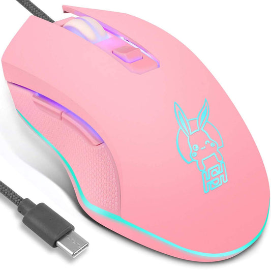 IULONEE USB Type C Wired Mouse - Silent Optical Gaming Mouse, 2400 DPI, 6 Buttons, Ergonomic Design, Type-C Pink