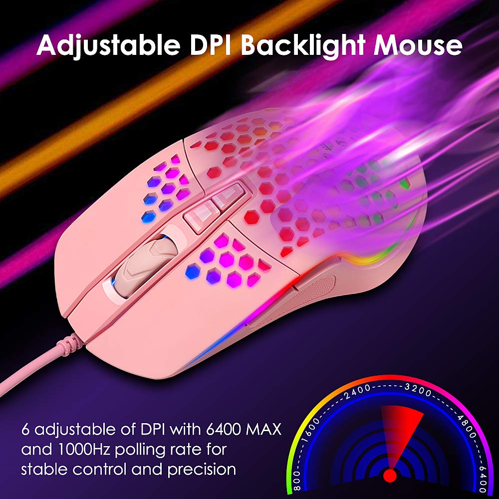 LexonElec Ultralight RGB Gaming Mouse, 6400DPI, 7 Programmable Buttons, Honeycomb Shell, Pink