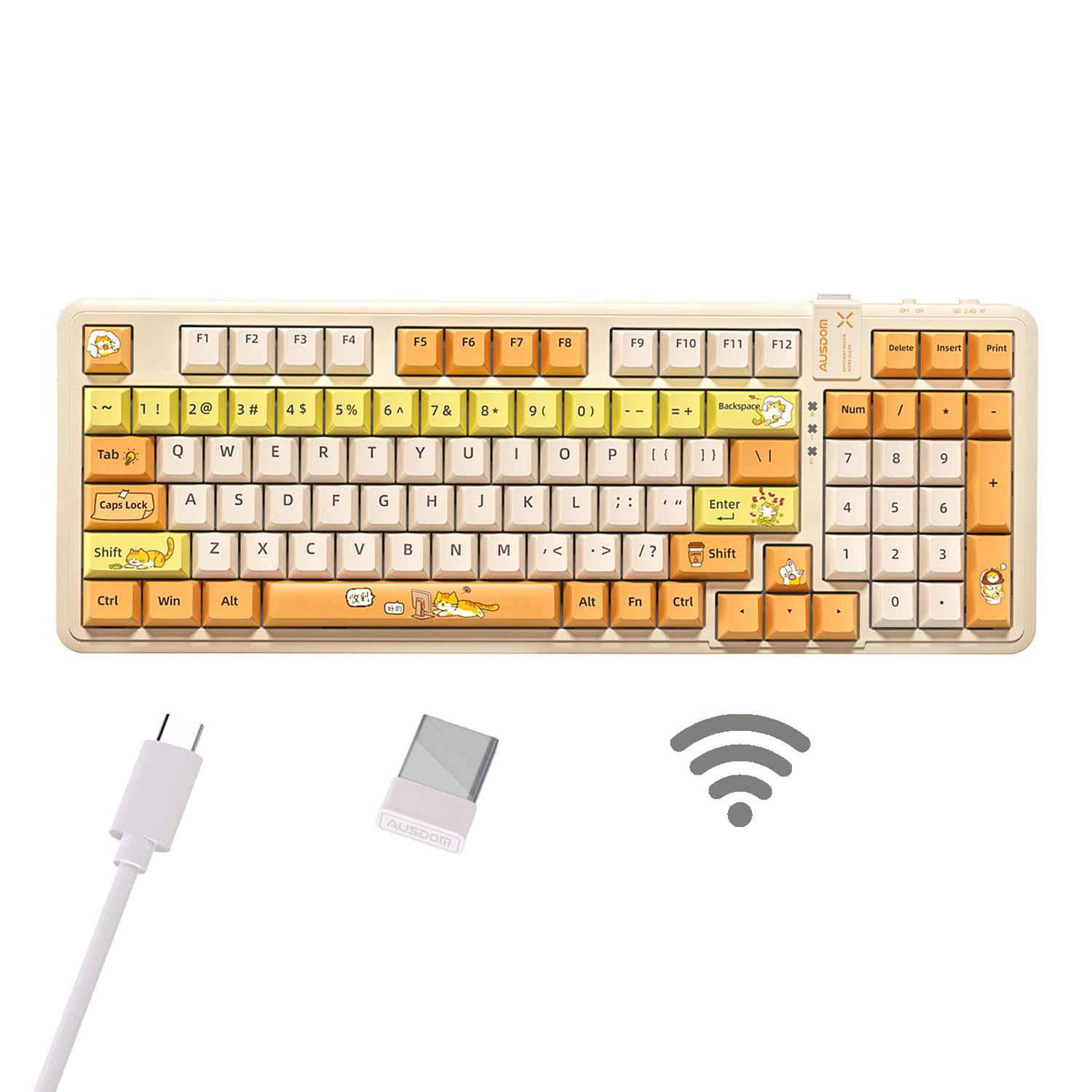 AUSDOM 98Pro Wireless Mechanical Keyboard  Tri-Mode Bluetooth/2.4GHz/USB-C Gasket Hot Swappable Custom Gaming Keyboard with Backlit  PBT Keycaps  Linear Switches  for Windows/Mac/PC (Yellow Cat Theme)