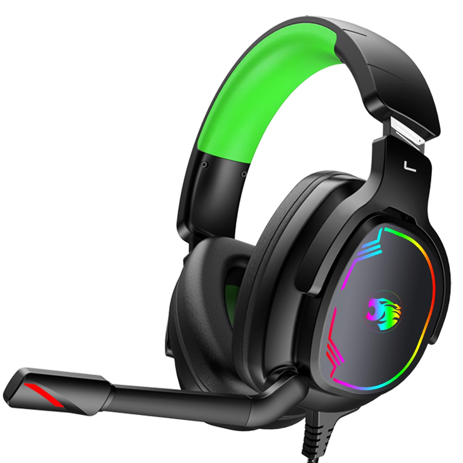 Jimonyer Gaming Headset - Stereo Surround Sound, Noise Canceling Mic, 3.5mm Jack, RGB Light, Large, Green, Model A83-Green