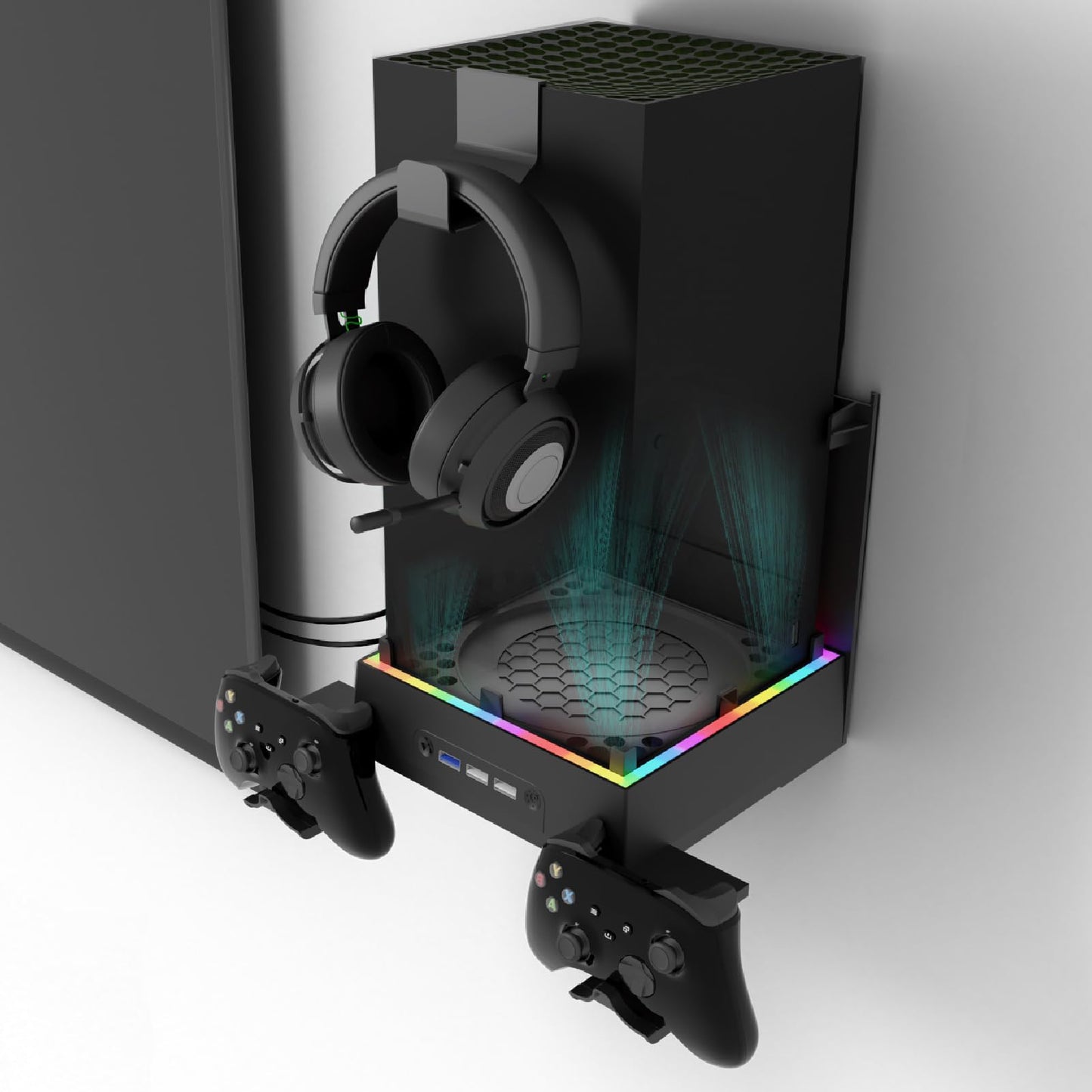 JDGPOKOO Wall Mount with Cooling Fan for Xbox Series X  4 in 1 Wall Mount Kit for Xbox Series X  3 Speed Low Noise Fan with RGB Light Strip & Touch Switch  3 USB Port Controller & Headphone Holder