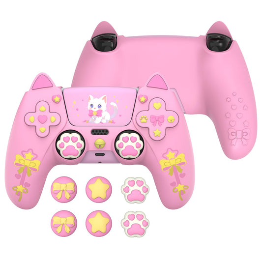 PlayVital Sweetheart Kitty Silicone Cover for ps5 Controller with 6 Joystick Caps and 6 Sticker, Soft Anti-Slip Full Protection 