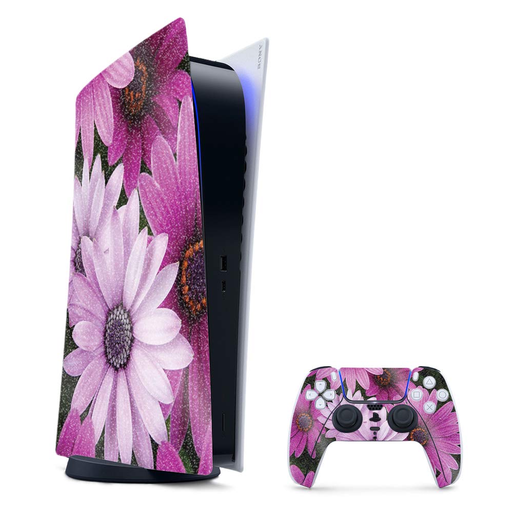 MightySkins Glossy Glitter Gaming Skin for PS5 / PlayStation 5 Digital Edition Bundle - Purple Flowers | Durable High-Gloss Glitter Finish | Easy to Apply  Change Style | Made in The USA