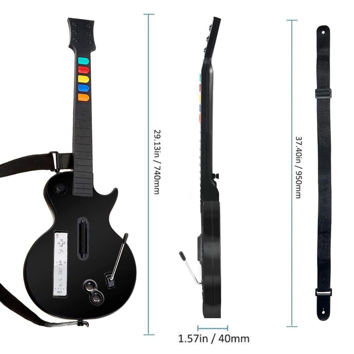 NBCP Wireless Guitar Controller for Nintendo Wii - Compatible with Guitar Hero & Rock Band 2 - Adjustable Strap - Black - Model KT613B