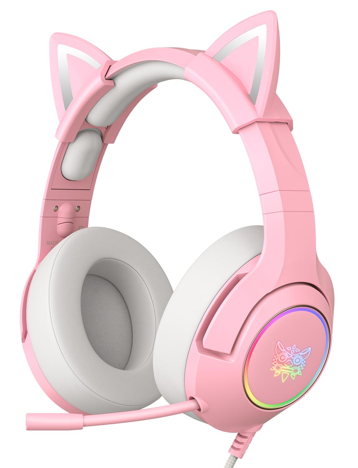 PHNIXGAM Cat Ear Gaming Headset, Wired Over-Ear with Microphone, Surround Sound, LED Light, Light Pink, Model K9