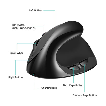 AURTEC S8 Vertical Mouse - Rechargeable 2.4G Wireless Ergonomic Mice, 6 Buttons, 3 Adjustable DPI, Black