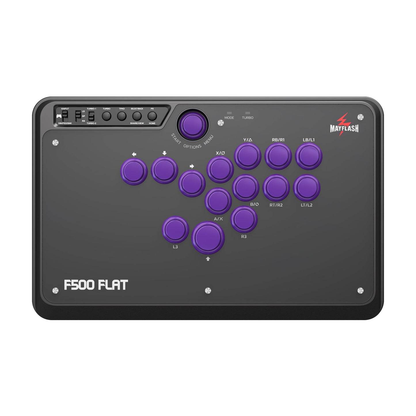 MAYFLASH F500 FLAT Fight Stick - Arcade Controller for PS4, Xbox, PC, 14.17x9.06x1.97, Black and Purple, Model MT-010