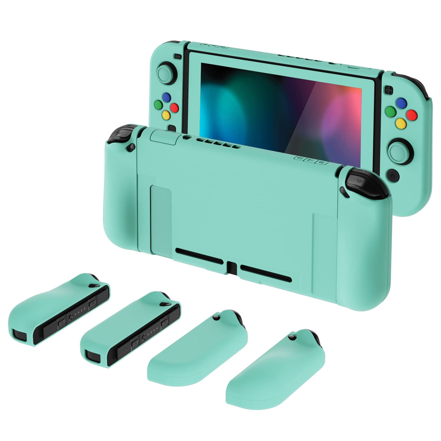PlayVital AlterGrips Ergonomic Grips Cover for Nintendo Switch  [2 Design] Interchangeable Comfort Dockable Protective Case with Screen Protector & Thumb Grip Buttons Caps - Misty Green