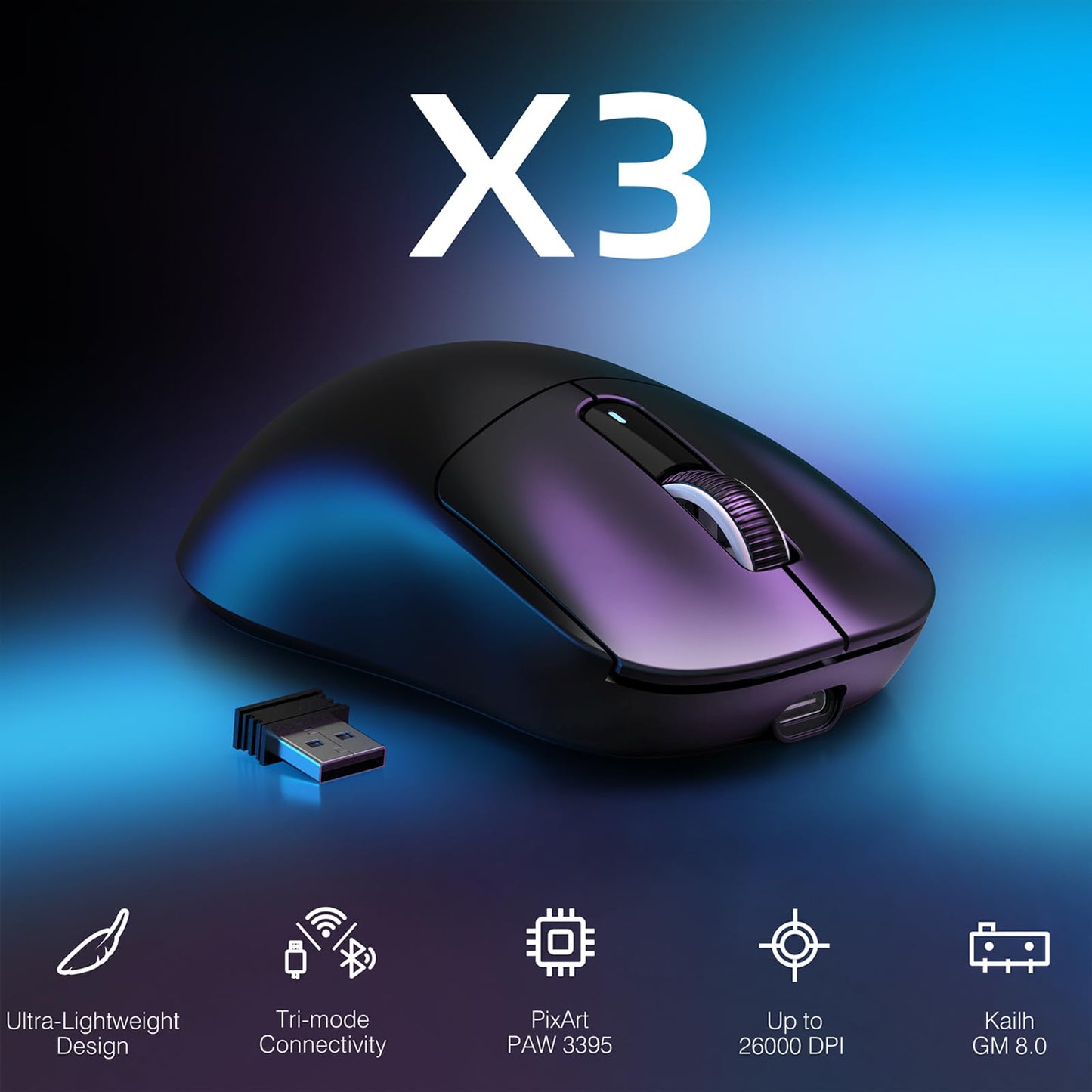 ATTACK SHARK X3 Lightweight Wireless Gaming Mouse, 26K DPI, Tri-Mode 2.4G/USB-C/Bluetooth, 5 Buttons, Black
