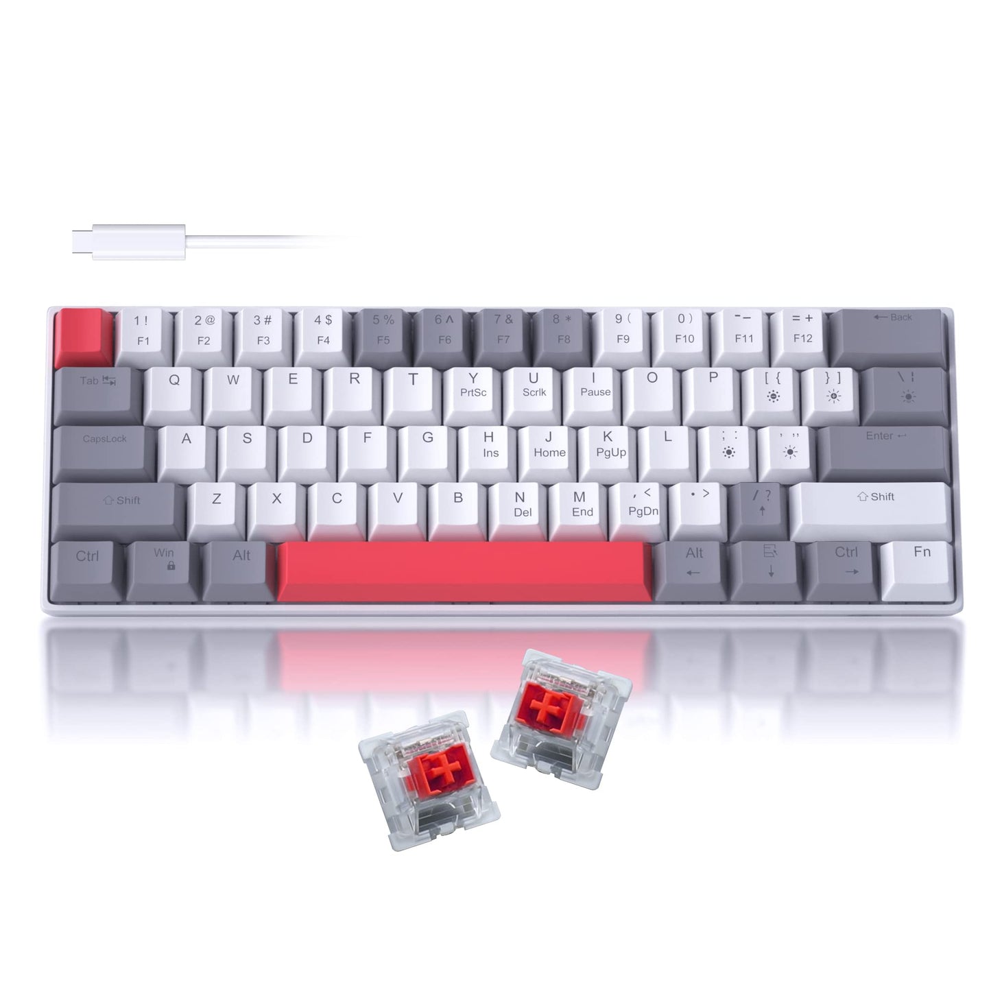 Camiysn 60% Mechanical Gaming Keyboard - Grey & White, Hot Swappable Red Switches, Mini Size, Wired Type-C, Powder Blue Backlight
