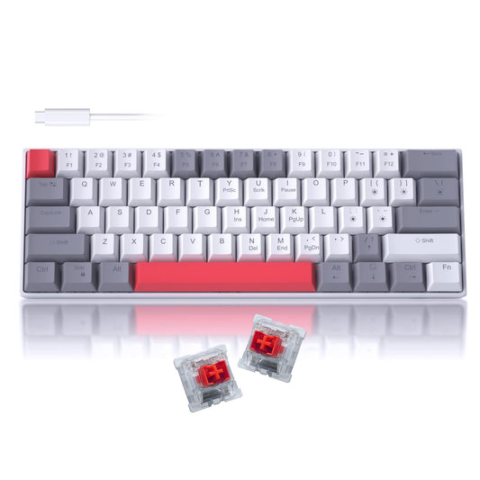 Camiysn 60% Mechanical Gaming Keyboard - Grey & White, Hot Swappable Red Switches, Mini Size, Wired Type-C, Powder Blue Backlight
