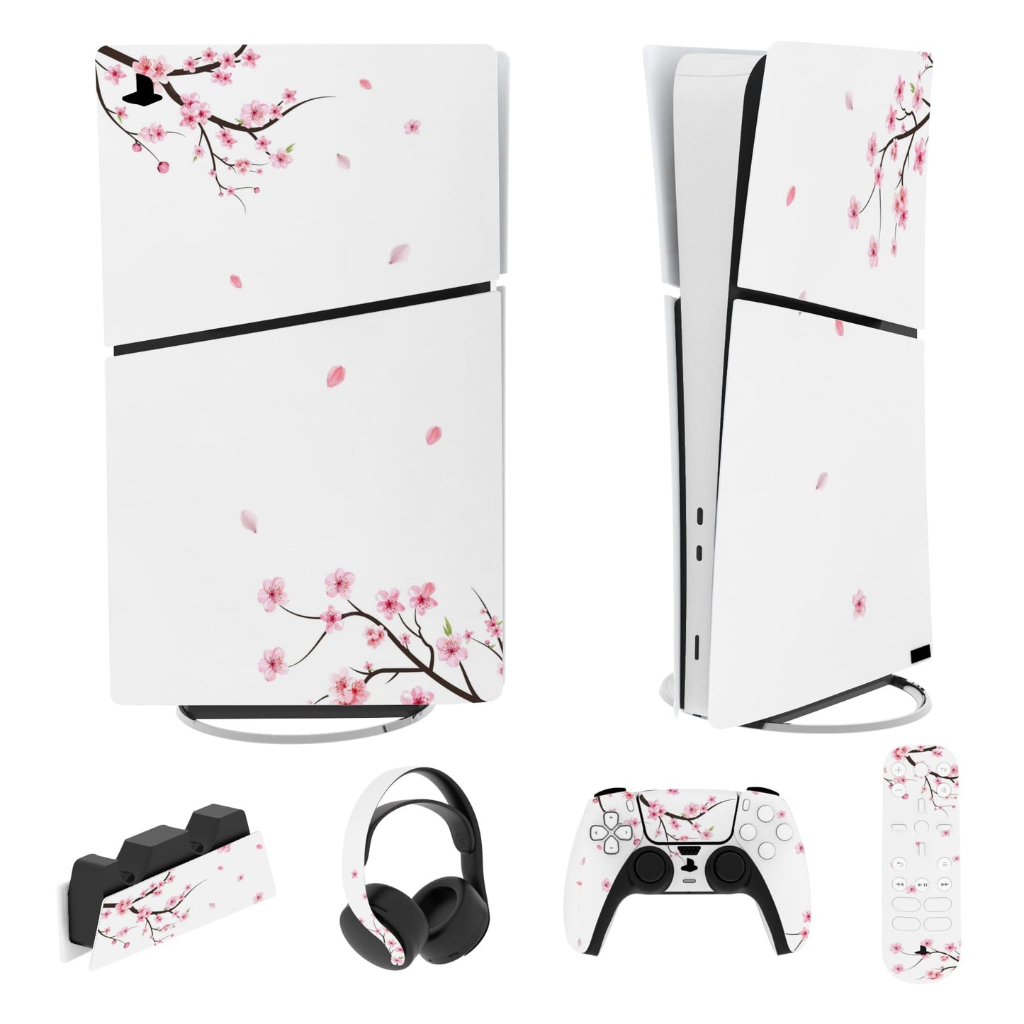 PlayVital Full Set Skin Sticker for ps5 Slim Console Digital (The New Smaller Design)  Vinyl Skin Decal Cover for ps5 Controller & Headset & Charging Station & Media Remote - Falling Cherry Blossom