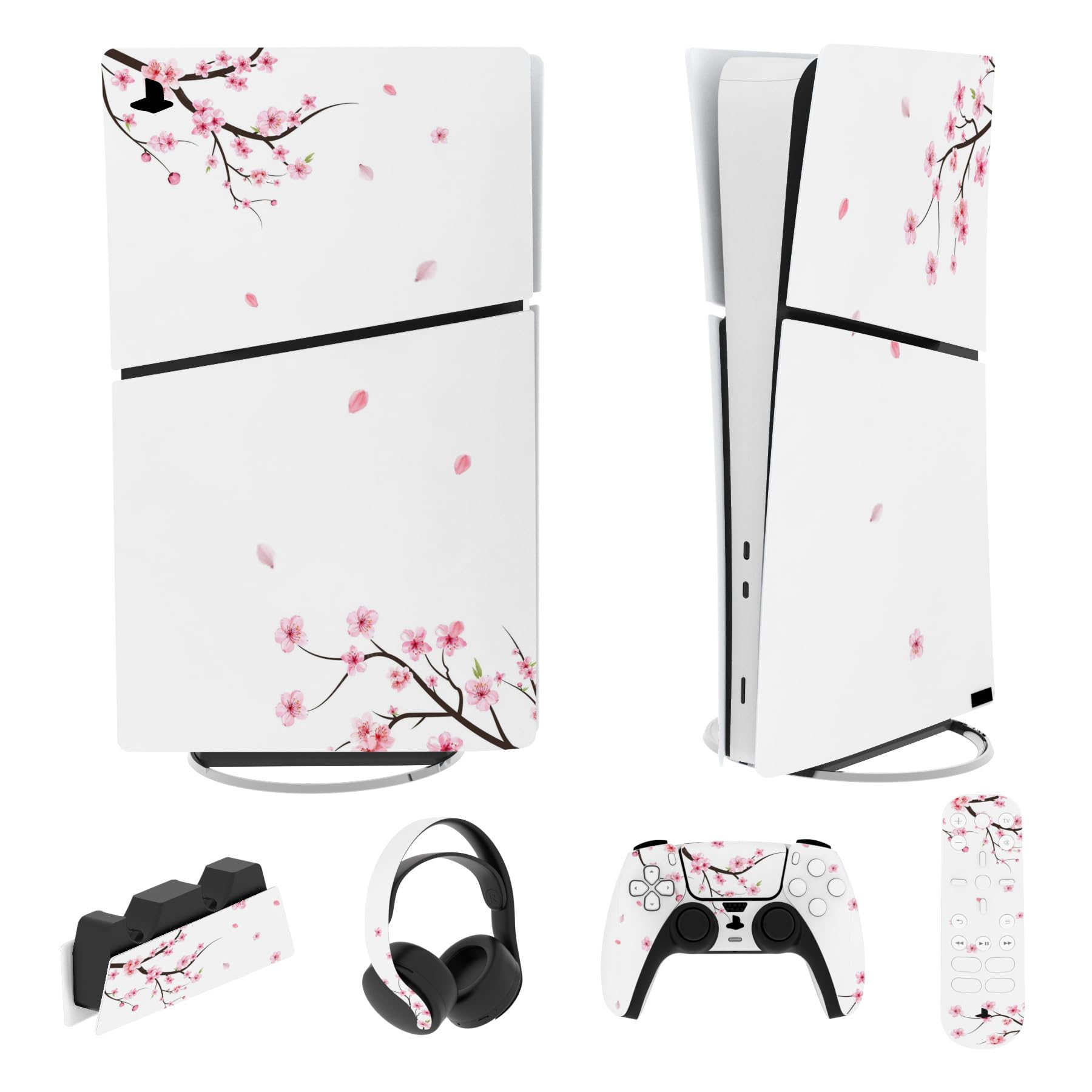 PlayVital Full Set Skin Sticker for ps5 Slim Console Digital (The New Smaller Design)  Vinyl Skin Decal Cover for ps5 Controller & Headset & Charging Station & Media Remote - Falling Cherry Blossom