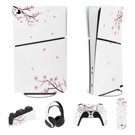 PlayVital Full Set Skin Sticker for ps5 Slim Console Digital (The New Smaller Design)  Vinyl Skin Decal Cover for ps5 Controller & Headset & Charging Station & Media Remote - Falling Cherry Blossom
