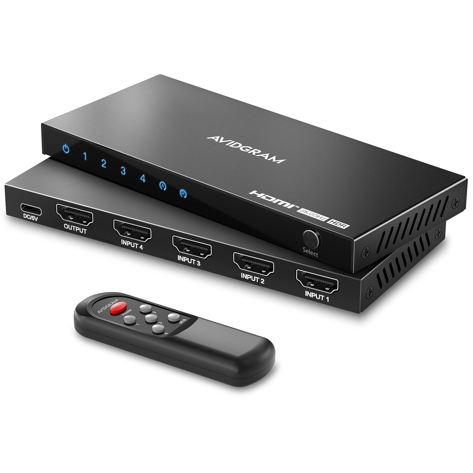 HDMI 2.1 Switch 8K 60Hz 4:4:4  AVIDGRAM HDMI Switcher 4 in 1 Out with IR Remote  4 Port 4K 120Hz Auto HDMI Selector Hub Support 8K 48Gbps  Compatible with Xbox Series X  PS4 Pro  PS5  UHD TV  Monitor