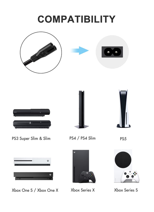 TPLTECH AC Power Cord for PS5/PS4/Xbox Series S/X, 3 ft, Black, Model CX-01, Universal 2 Prong Replacement Cable