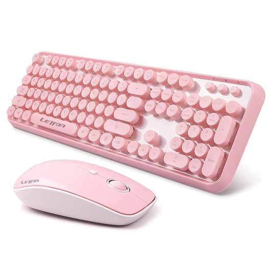 Pink Wireless Keyboard Mouse Combo 104 Round Keys Cute Colorful Keyboard Retro Typewriter Style Letton Full Size Keyboard with Number Pad&Mouse with 3 DPI for PC Mac Laptop Computer Windows