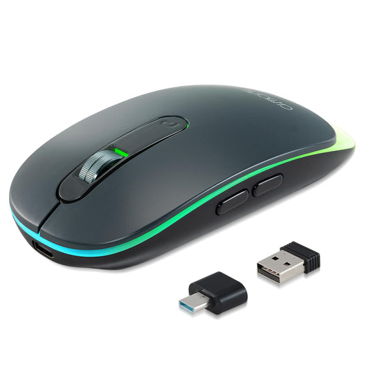 Wireless LED Mouse Rechargeable 2.4GHz/Bluetooth Multi Connect Method Silent Slim with Big Exchangeable Battery 1600DPi USB compatible with Mac Windows for PC laptop office with C-adapter cord manual