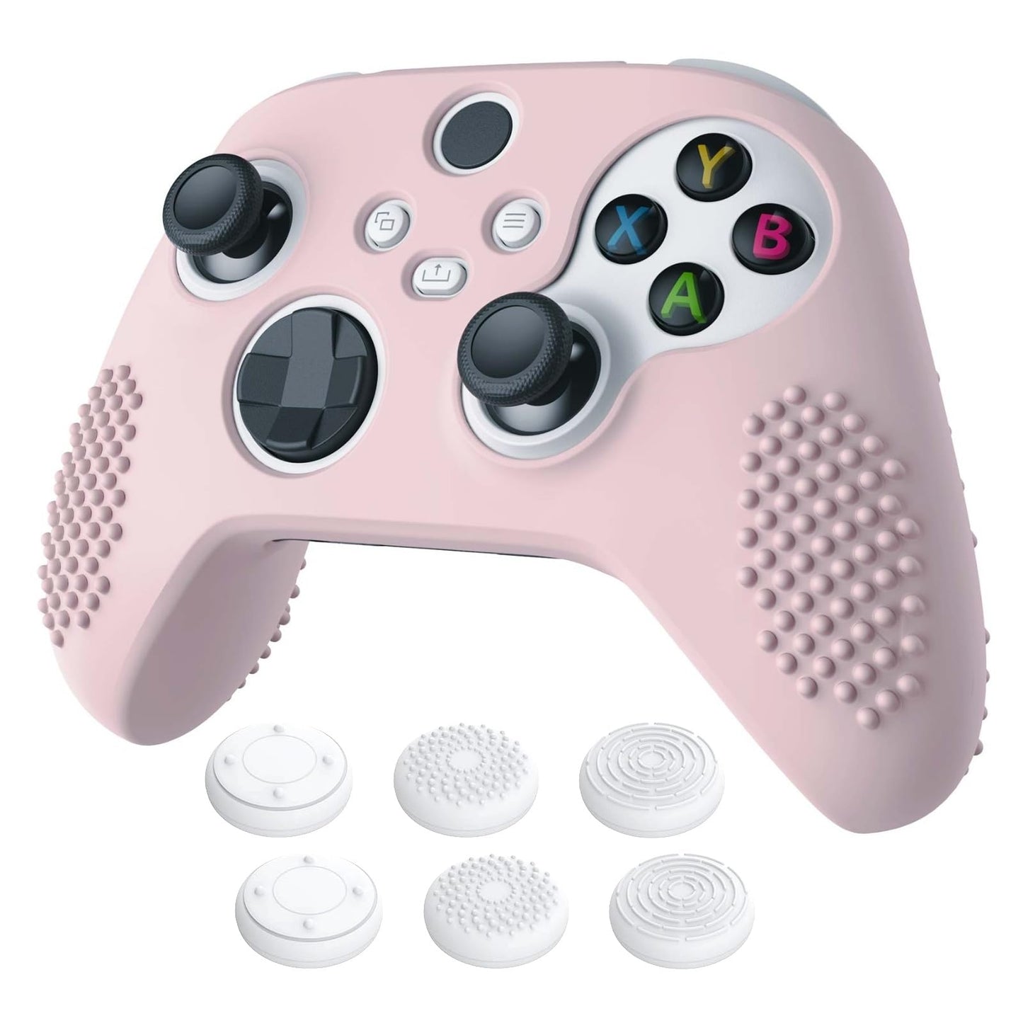 eXtremeRate PlayVital Pink Controller Skin for Xbox Series X/S  3D Studded Edition Anti-Slip Soft Silicone Cover for Xbox Core Controller with 6 Thumb Grip Caps
