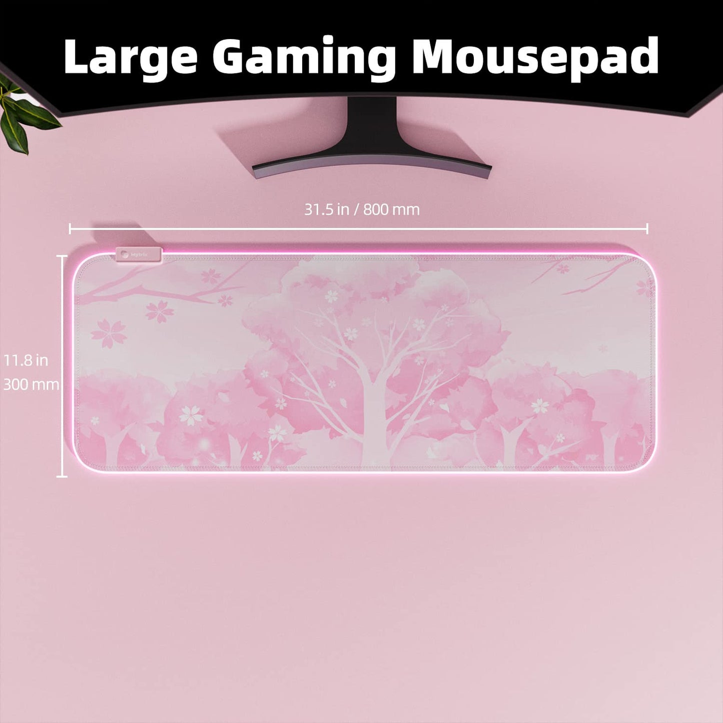 Mytrix Pink RGB LED Gaming Mouse Pad, XXL 800×300mm, Waterproof Rubber, 14 Modes, Non-Slip Sakura Mat for Gamer and Office Use